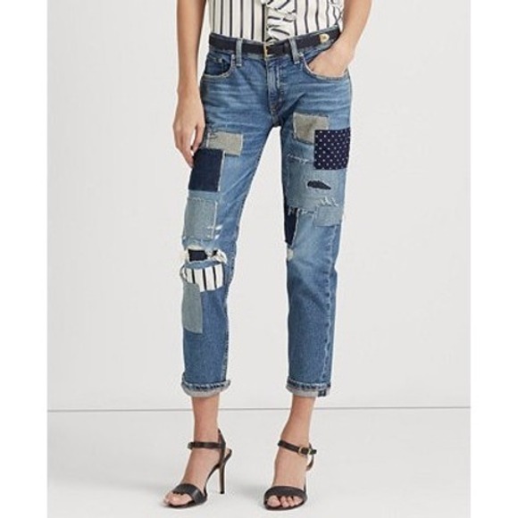 Lauren Ralph Lauren Patchwork Jeans Women 16 Distressed Relaxed Tapered Denim - Picture 1 of 14